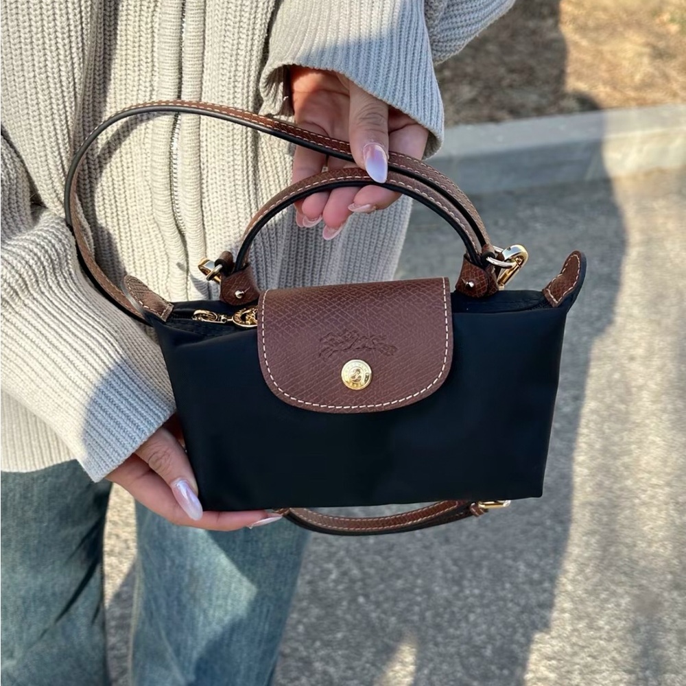 Longchamp Mini Le Pliage Navy Canvas Crossbody Tote Bag Brown Leather Trim - Picture 4 of 5